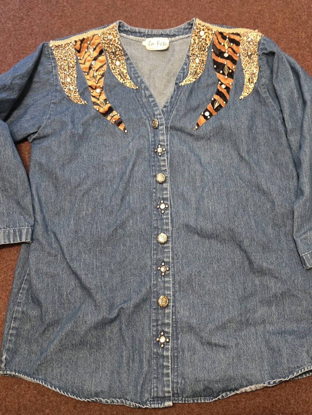 Le Fete 80s/90s Maximalist Western-style Cotton Denim Shirt With Animal Print XL